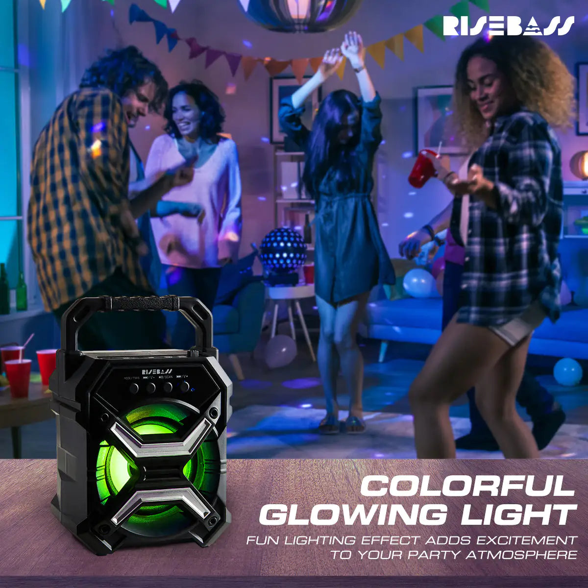Portable Wireless Bluetooth Speaker with TWS - Rechargeable, LED Lights & Stereo Sound - close-up | Tech Advancements