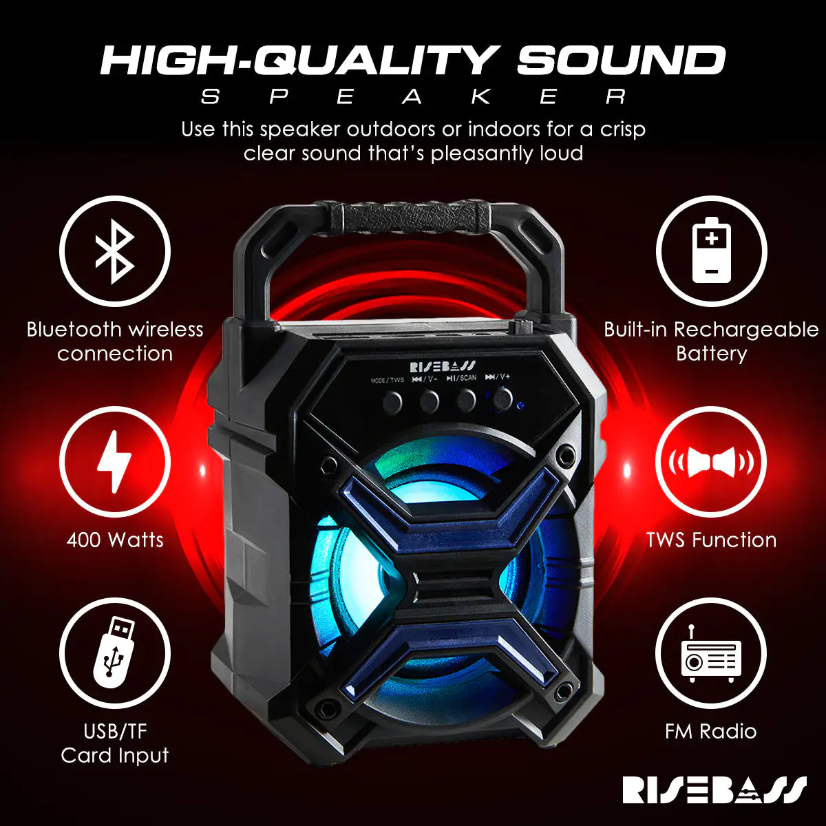 Portable Wireless Bluetooth Speaker with TWS - Rechargeable, LED Lights & Stereo Sound - close-up | Tech Advancements