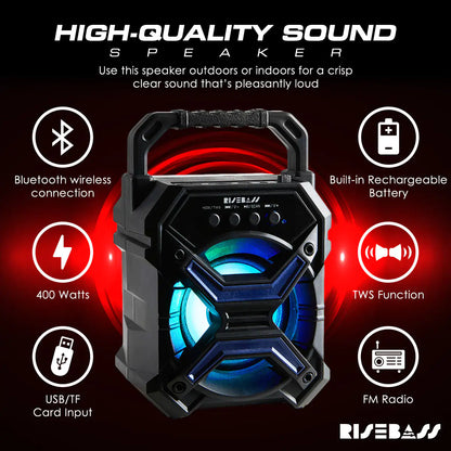 Portable Wireless Bluetooth Speaker with TWS - Rechargeable, LED Lights & Stereo Sound - close-up | Tech Advancements