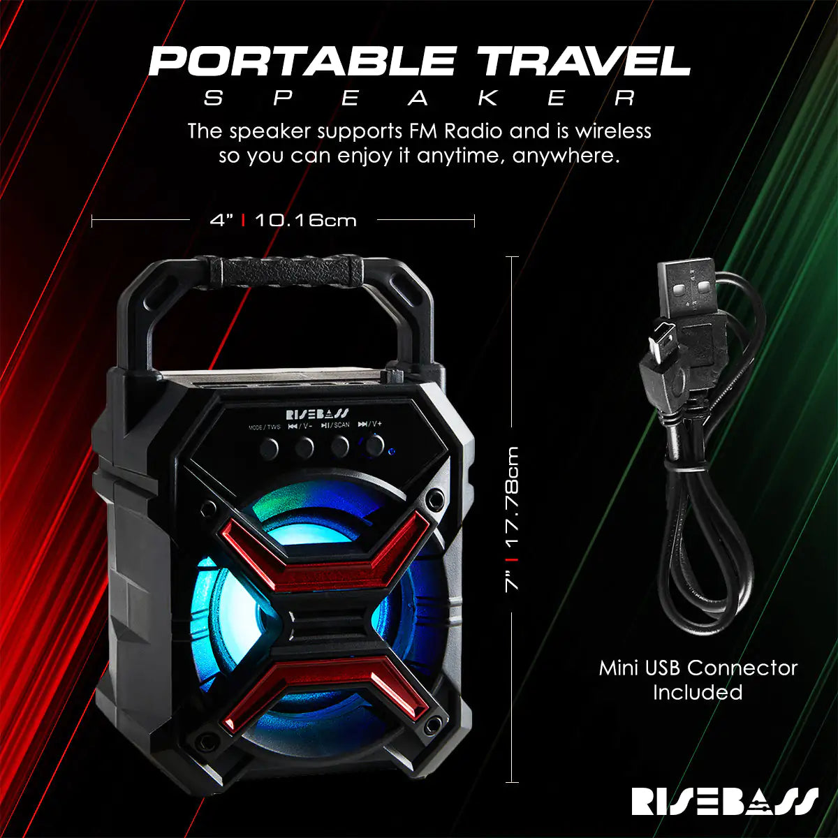 Portable Wireless Bluetooth Speaker with TWS - Rechargeable, LED Lights & Stereo Sound - close-up | Tech Advancements