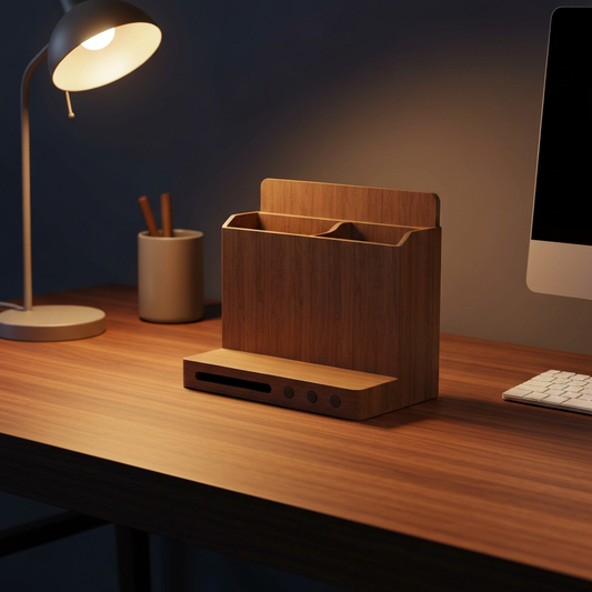 Desk Organizer with Wireless Charging Pad - Bamboo Multi-Slot