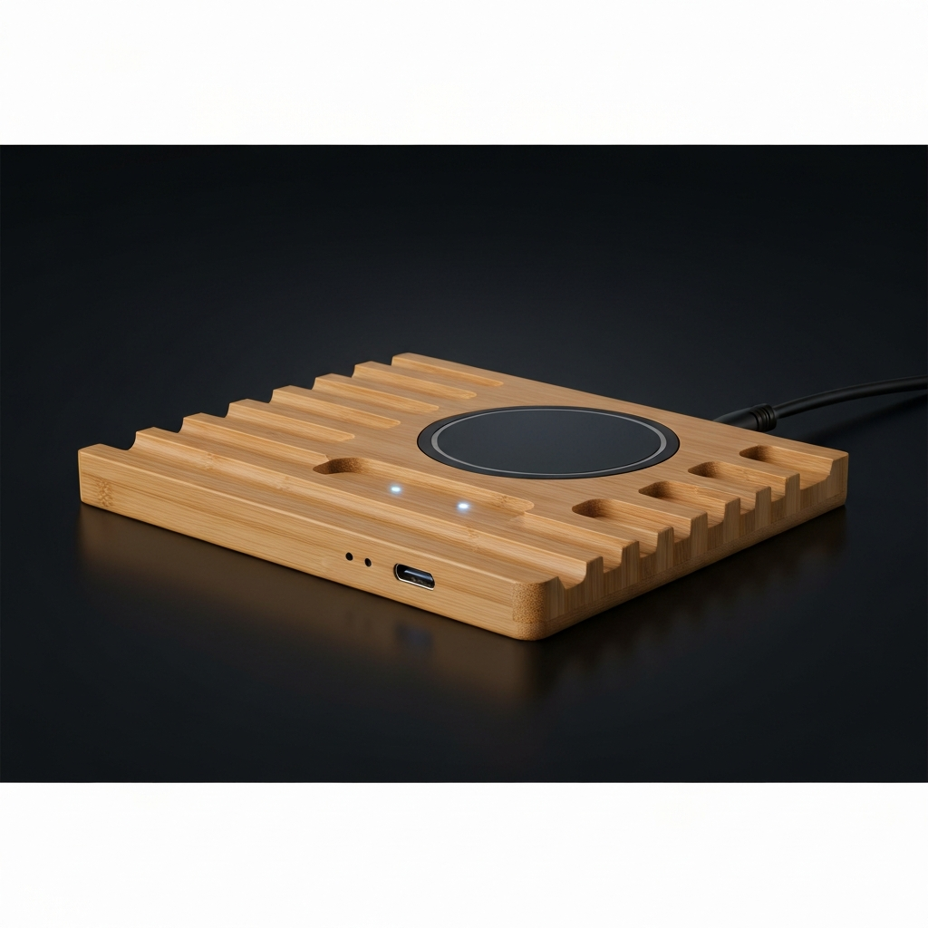 Desk Organizer with Wireless Charging Pad - Bamboo Multi-Slot - detail close-up photo