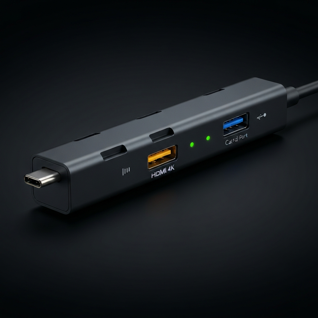 6-in-1 USB-C Docking Station - HDMI 4K + SD + USB + Ethernet - detail close-up photo
