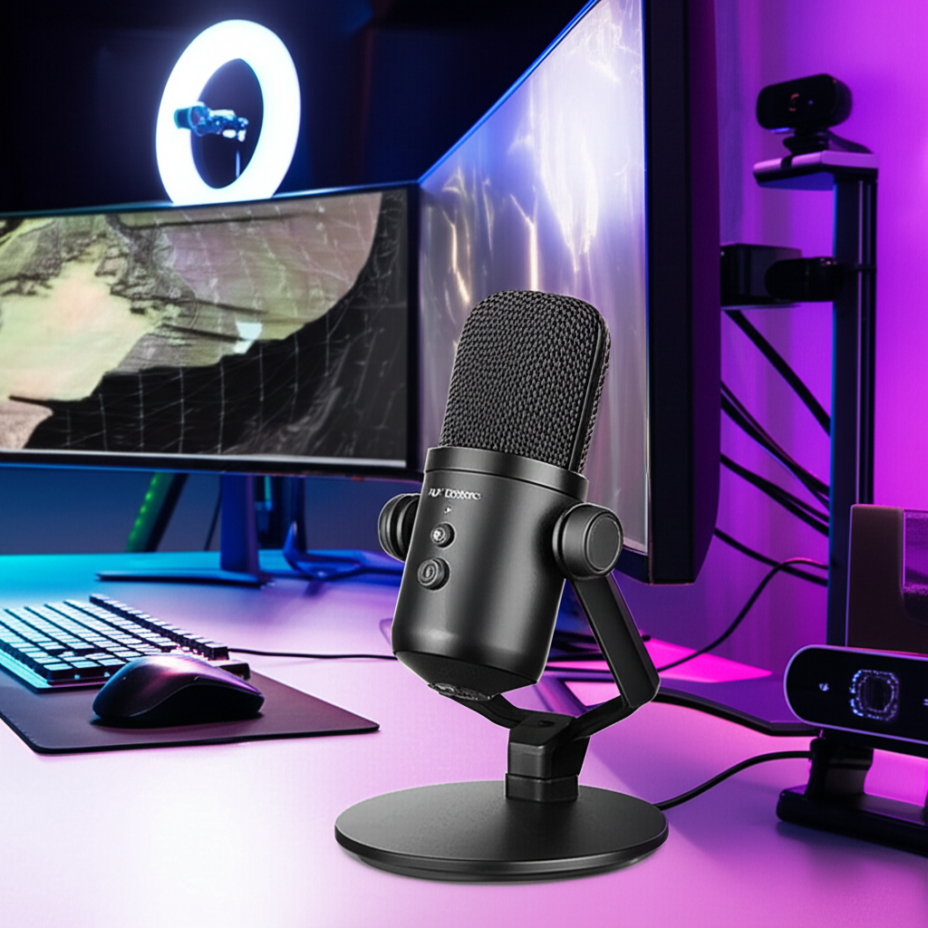 USB Desktop Microphone with Mute Button for Gaming & Calls - lifestyle product photo