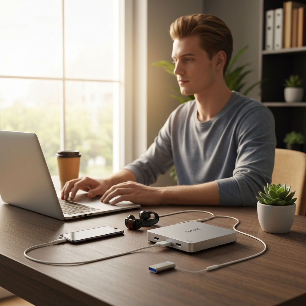 6-in-1 USB-C Docking Station - HDMI 4K + SD + USB + Ethernet - lifestyle product photo