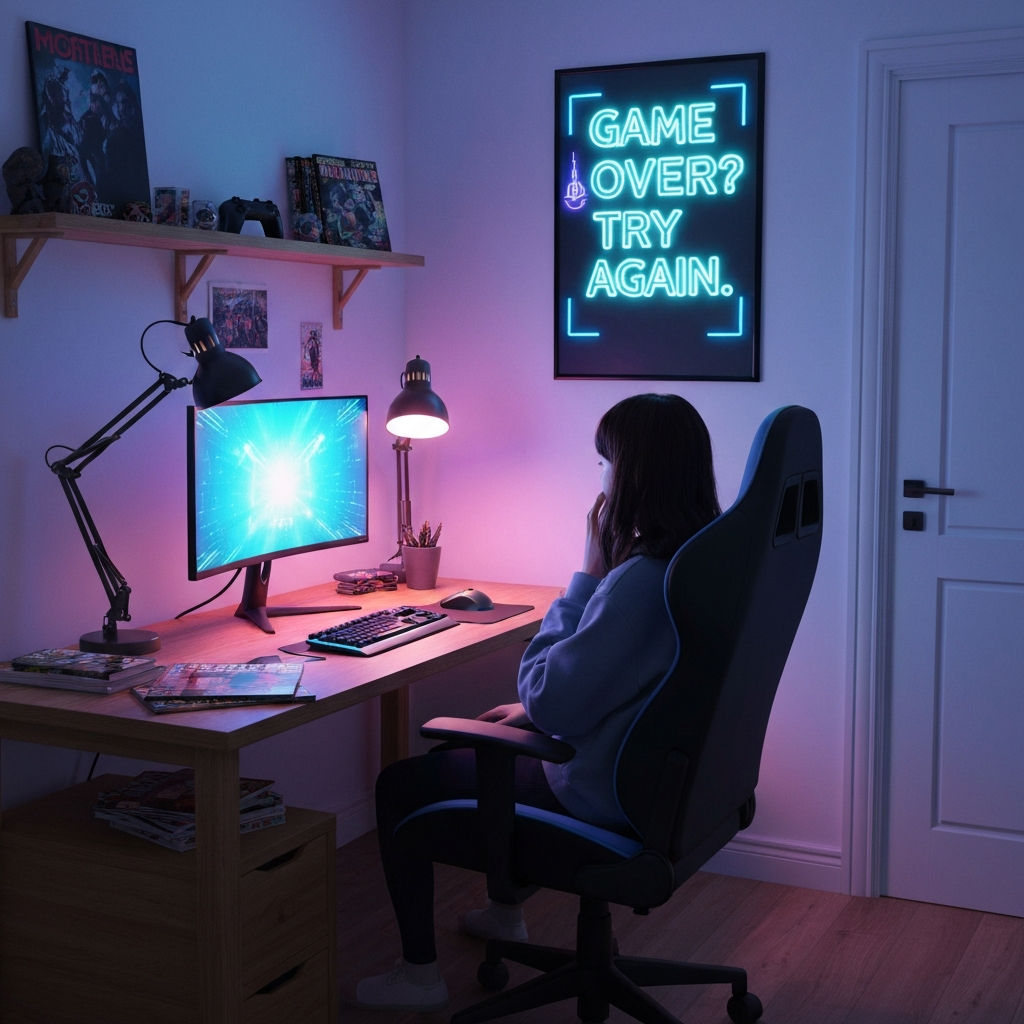 "Game Over? Try Again." Neon Typography Gaming Poster — 18×24 - lifestyle product photo