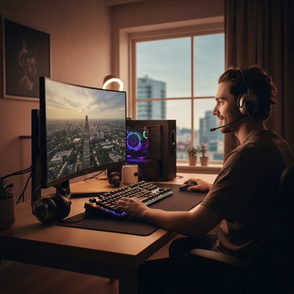 Extended Gaming Desk Mat — "Neon Grid" Retro Pattern (31.5×15.7″) - lifestyle product photo