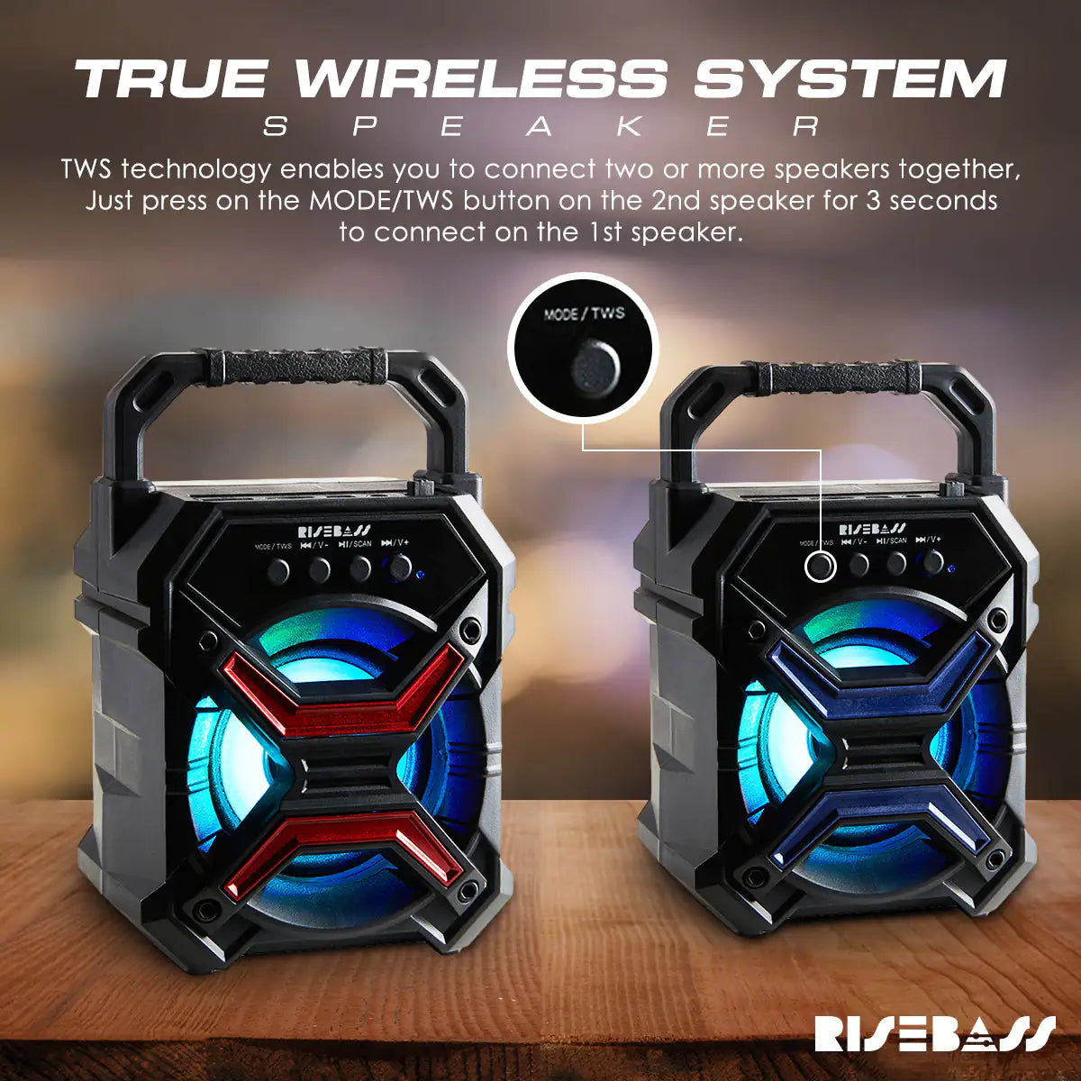 Portable Wireless Bluetooth Speaker with TWS - Rechargeable, LED Lights & Stereo Sound - close-up | Tech Advancements
